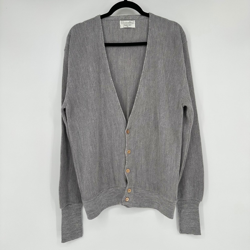 Vintage Christian Dior Gray Button V Cardigan Knit Sweater Orlon Acrylic USA XL